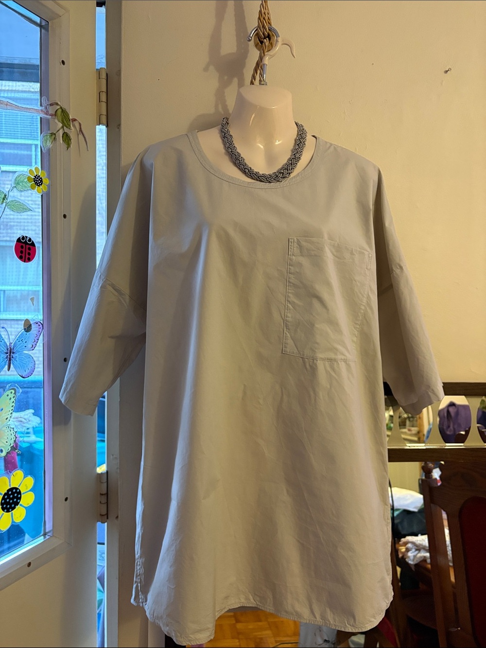 COS Oversized Short-Sleeve Crewneck Tee in Light Gray with Chest Pocket. Cotton